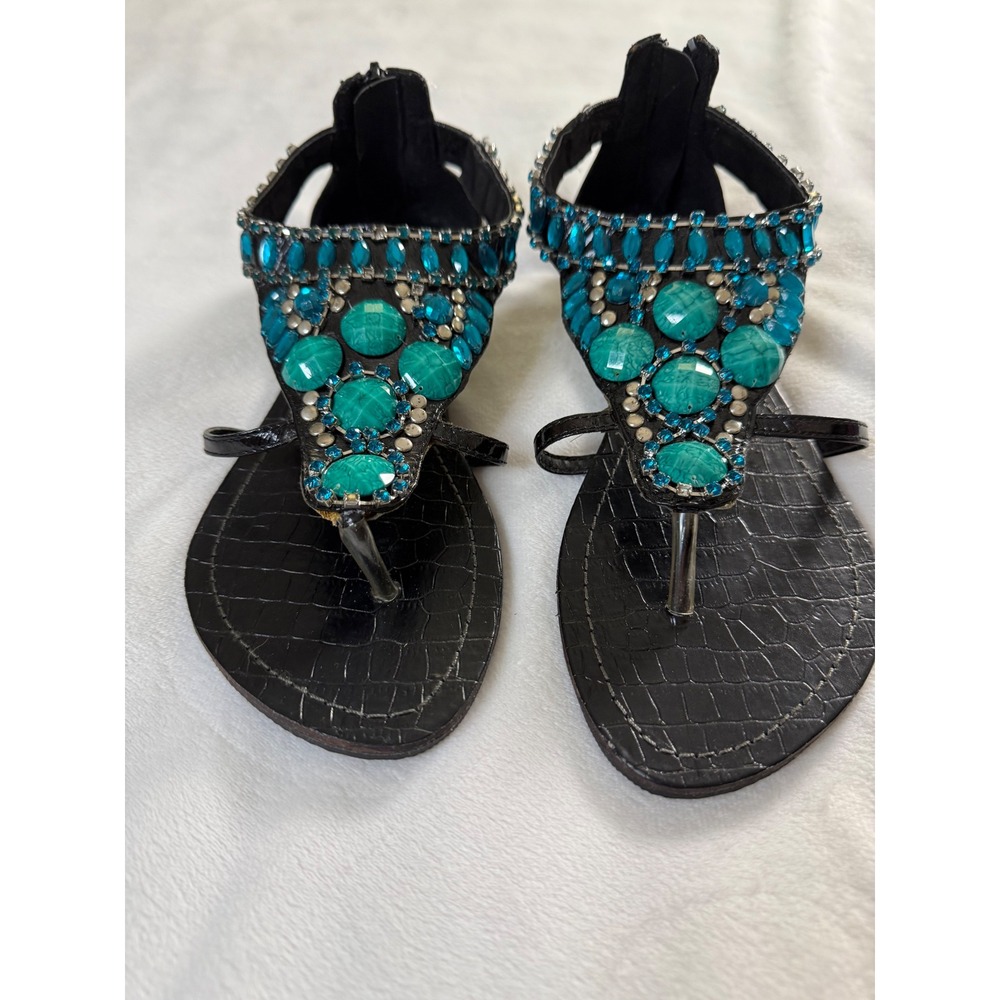 Shiekh Womens Black Croc Turquoise Beaded Gladiator Thong Sandals Size 5